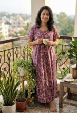 Traditional Cotton Frock Nighty, 55 Inches Length - Purple - Image 2