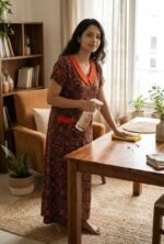 Comfortable Churidar Model Cotton Nighty, 55 Inches Long, Peter Collar - Orange + Black - Image 2