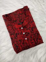 Front Open Cotton Nighty With Buttons, 55 Inches Long - Red + Black - Image 3