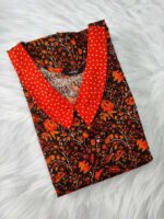 Comfortable Churidar Model Cotton Nighty, 55 Inches Long, Peter Collar - Orange + Black - Image 3