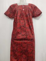 Front Open Cotton Nighty With Buttons, 55 Inches Long - Red + Black - Image 4