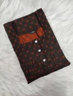 Front Open Cotton Nighty With Buttons, 55 Inches, 3/4th Sleeves - Dark Brown - Image 3