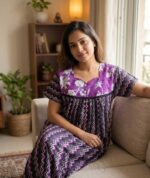 Front Open Cotton Nighty With Buttons, 55 Inches Long- Black + Magenta lines