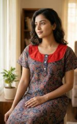 Comfortable Churidar Model Ajrakh Nighty, 55 Inches Long, Hakoba Yoke - Blue