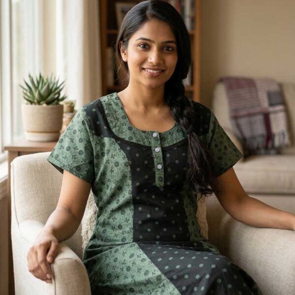 Comfortable Churidar Model Cotton Nighty, 55 Inches Long - Green