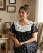 Front Open Cotton Nighty With Buttons, 55 Inches - Black + White