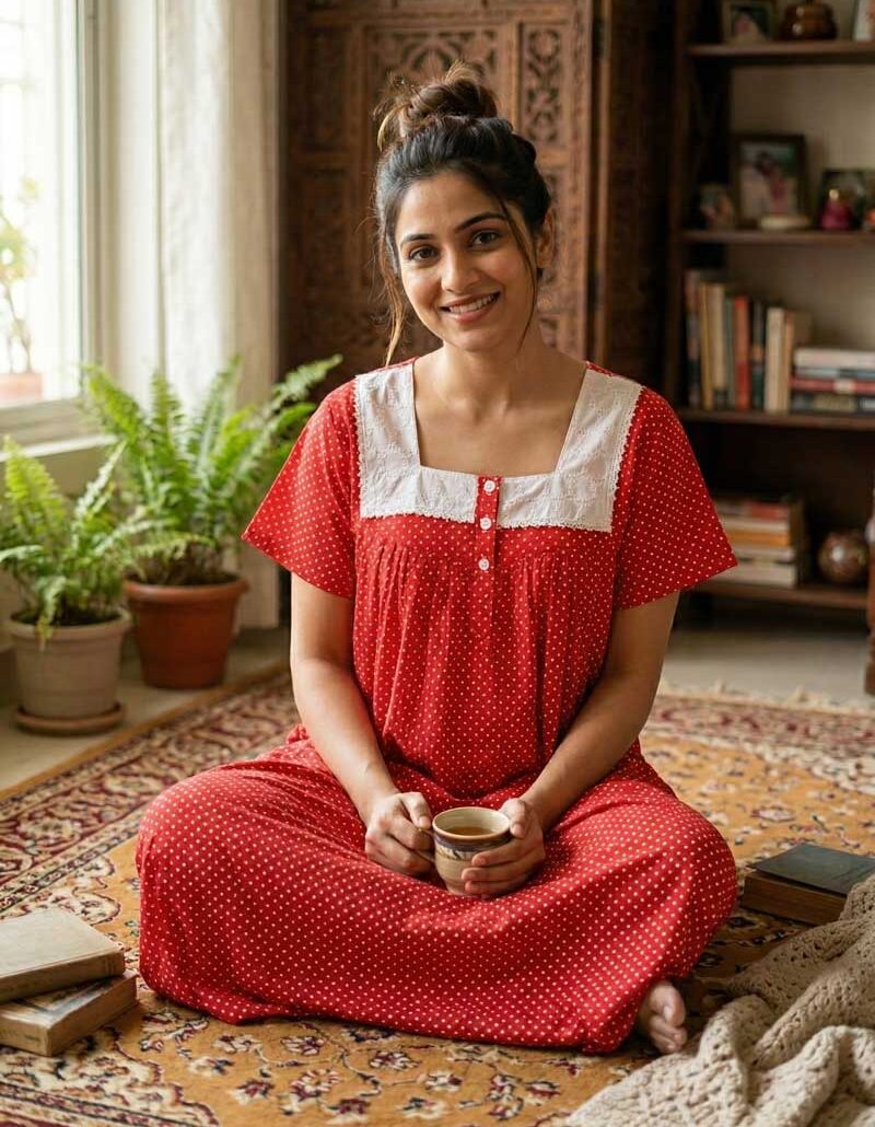 R1 Front Open Cotton Nighty With Buttons, Hacoba Yoke, 55 Inches - Red - Image 1