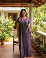 Front Open Cotton Nighty With Buttons, 55 Inches Long- Black + Magenta lines - Image 2