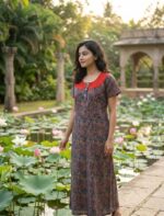 Comfortable Churidar Model Ajrakh Nighty, 55 Inches Long, Hakoba Yoke - Blue - Image 2