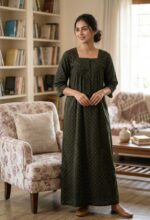 Front Open Cotton Nighty With Buttons, 55 Inches, 3/4th Sleeves - Dark Green - Image 2