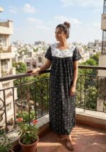 Front Open Cotton Nighty With Buttons, 55 Inches - Black + White - Image 2