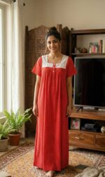Front Open Cotton Nighty With Buttons, Hacoba Yoke, 55 Inches - Red - Image 2