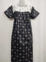 Front Open Cotton Nighty With Buttons, 55 Inches - Black + White - Image 4