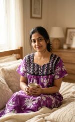 Front Open Cotton Nighty With Buttons, 55 Inches Long- Magenta