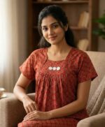 Traditional Ajrakh Nighty, 55 Inches Length - Red