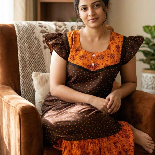 Short And Trendy Cotton Nighty with Round Neck - Brown