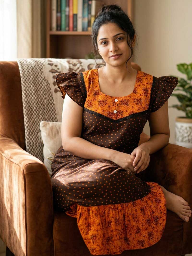 S1 Short And Trendy Cotton Nighty with Round Neck - Brown - Image 1