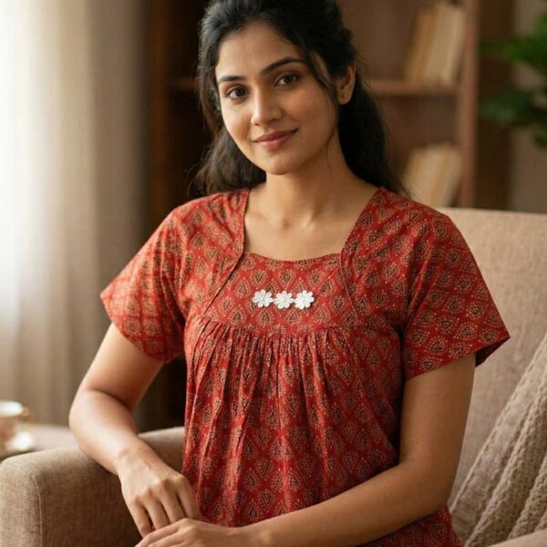 Traditional Ajrakh Nighty, 55 Inches Length - Red