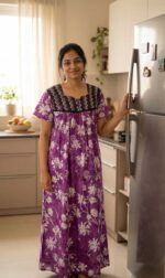 Front Open Cotton Nighty With Buttons, 55 Inches Long- Magenta - Image 2