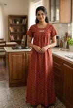 Traditional Ajrakh Nighty, 55 Inches Length - Red - Image 2