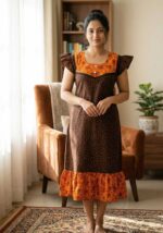 Short And Trendy Cotton Nighty with Round Neck - Brown - Image 2