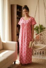 Front Open Cotton Nighty With Buttons, 55 Inches - Peach - Image 2