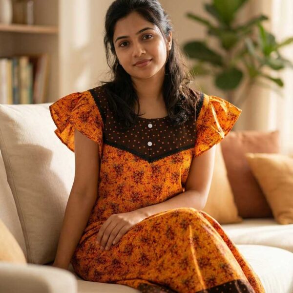 Short And Trendy Cotton Nighty with Round Neck - Yellow