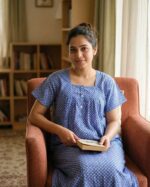 Front Open Cotton Nighty With Buttons, 55 Inches - Blue