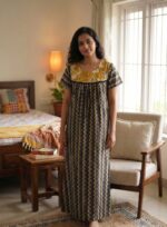 Front Open Cotton Nighty With Buttons, 55 Inches Long- Black - Image 2