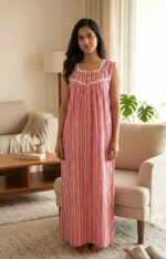 Front Open Cotton Nighty With Buttons, 55 Inches Long, Sleeveless- Rose - Image 2