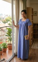 Front Open Cotton Nighty With Buttons, 55 Inches - Blue - Image 2