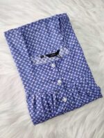 Front Open Cotton Nighty With Buttons, 55 Inches - Blue - Image 3