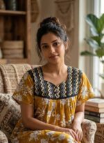 Front Open Cotton Nighty With Buttons, 55 Inches Long- Yellow