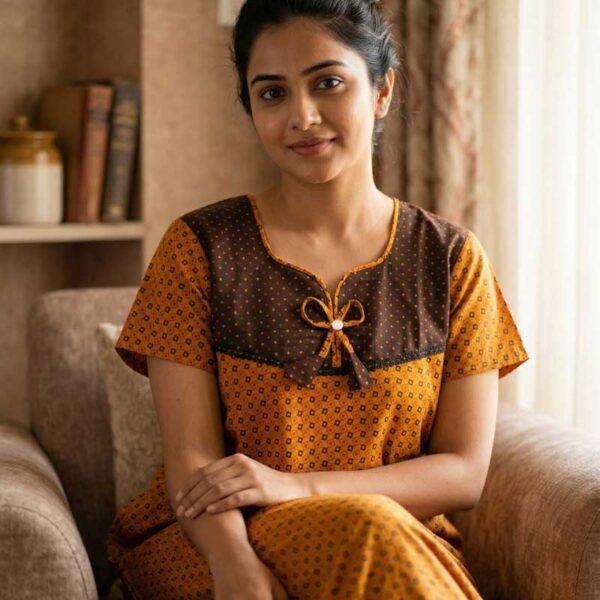 Comfortable Churidar Model Cotton Nighty, 55 Inches Long - Yellow