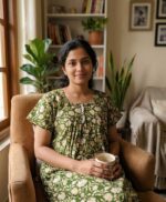 Front Open Cotton Nighty With Buttons, 55 Inches - Green