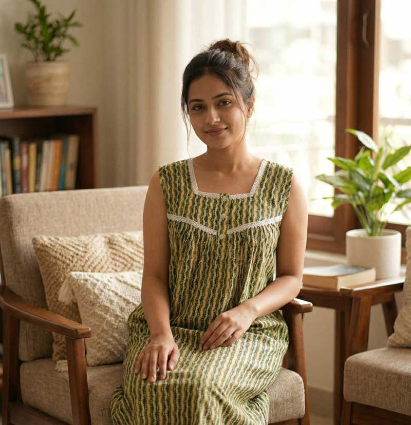 U1 Front Open Cotton Nighty With Buttons, 55 Inches Long, Sleeveless- Green - Image 1