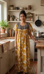 Front Open Cotton Nighty With Buttons, 55 Inches Long- Yellow - Image 2