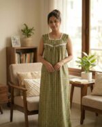 Front Open Cotton Nighty With Buttons, 55 Inches Long, Sleeveless- Green - Image 2