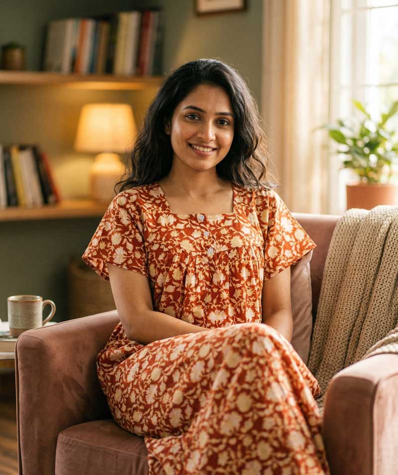 V1 Front Open Cotton Nighty With Buttons, 55 Inches - Orange Brown - Image 1