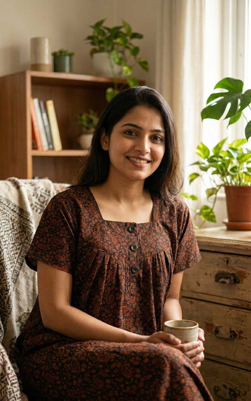 V1 Front Open Cotton Nighty With Buttons, 55 Inches Long - Black + Orange - Image 1