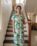 Front Open Cotton Nighty With Buttons, 55 Inches Long- Green - Image 2