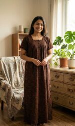 Front Open Cotton Nighty With Buttons, 55 Inches Long - Black + Orange - Image 2