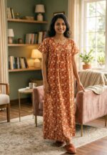 Front Open Cotton Nighty With Buttons, 55 Inches - Orange Brown - Image 2