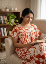 Front Open Cotton Nighty With Buttons, 55 Inches Long- Orange