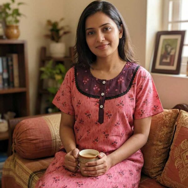 Comfortable Churidar Model Cotton Nighty, 55 Inches Long - Peach