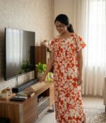 Front Open Cotton Nighty With Buttons, 55 Inches Long- Orange - Image 2