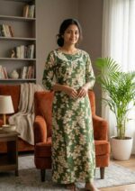 Comfortable Churidar Model Cotton Nighty, 55 Inches Long, 3/4th Sleeves - Green - Image 2