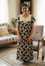 Traditional Cotton Nighty, 55 Inches Length, Hacoba Yoke - Black - Image 2