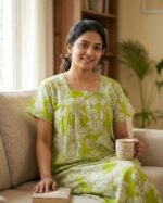 Front Open Cotton Nighty With Buttons, 55 Inches Long - Green