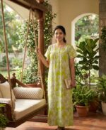 Front Open Cotton Nighty With Buttons, 55 Inches Long - Green - Image 2